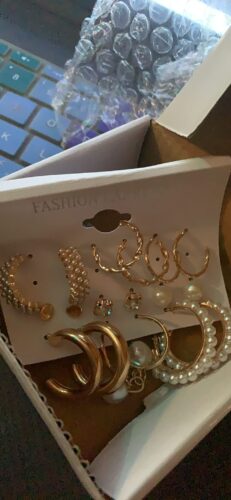 Women Combo 9 Pair Stunning Gold Plated Pearl Hoop Earrings photo review